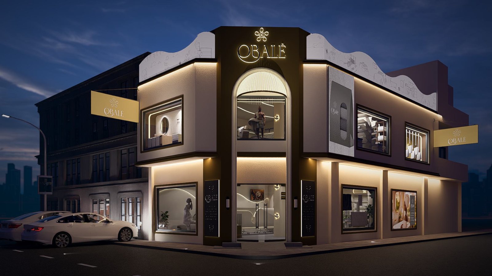 The facade of the Obalè store in Cocotier, at night